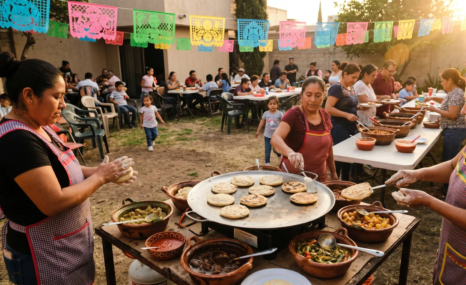 Taquiza al aire libre con comal y guisados