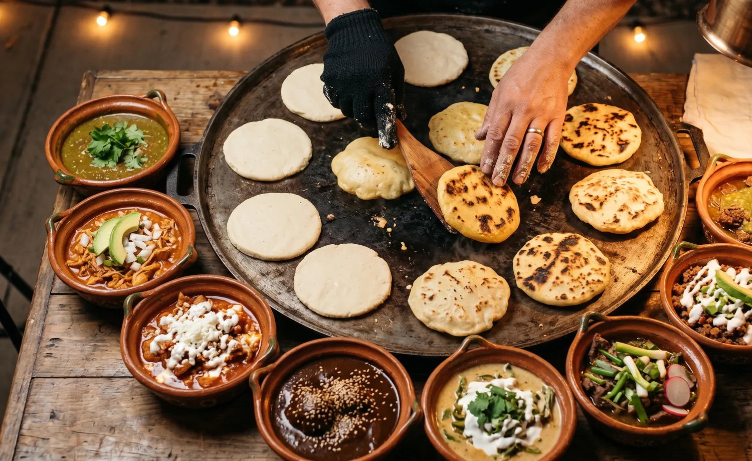 Mesa de comal con guisados en un evento