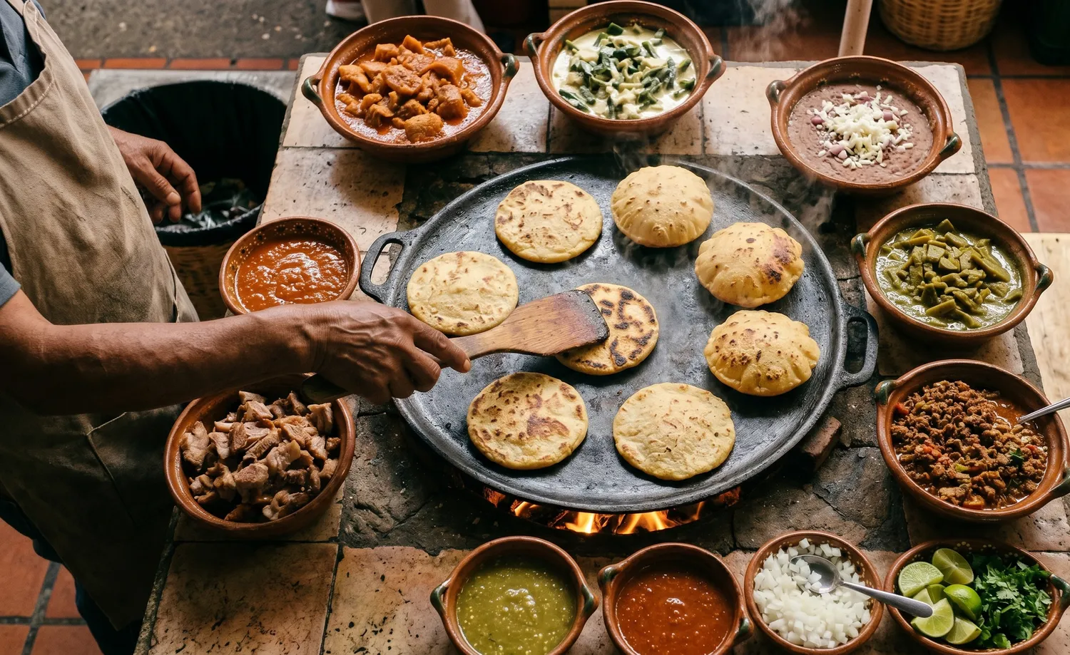 Comal con gorditas cociéndose y guisados alrededor